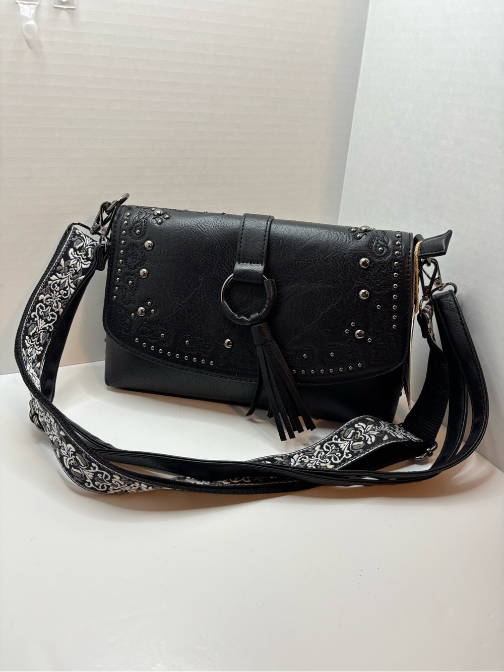 Sam&Hadley Black western style Studded Crossbody Bag with Tassel Accent